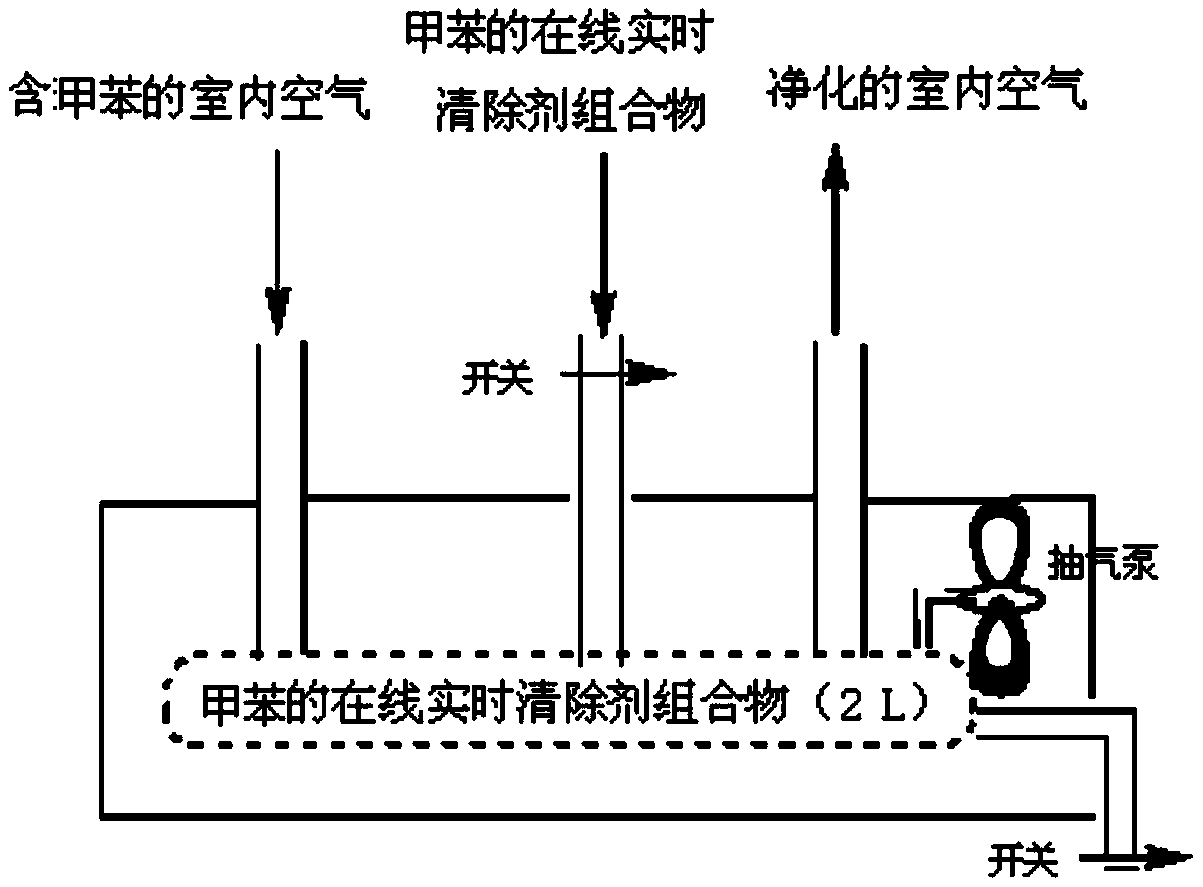 Ion association compound solution for removing methylbenzene in indoor air online in real time and removal method