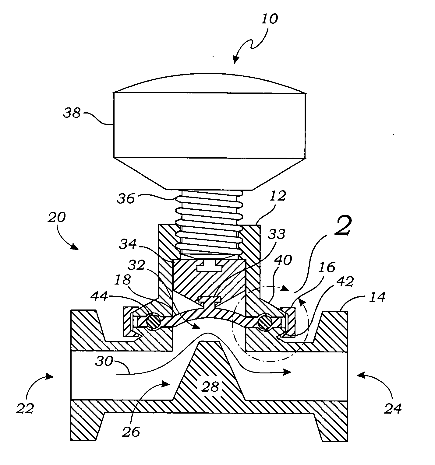 Valve diaphragm with a compression restraining ring, and valve including same