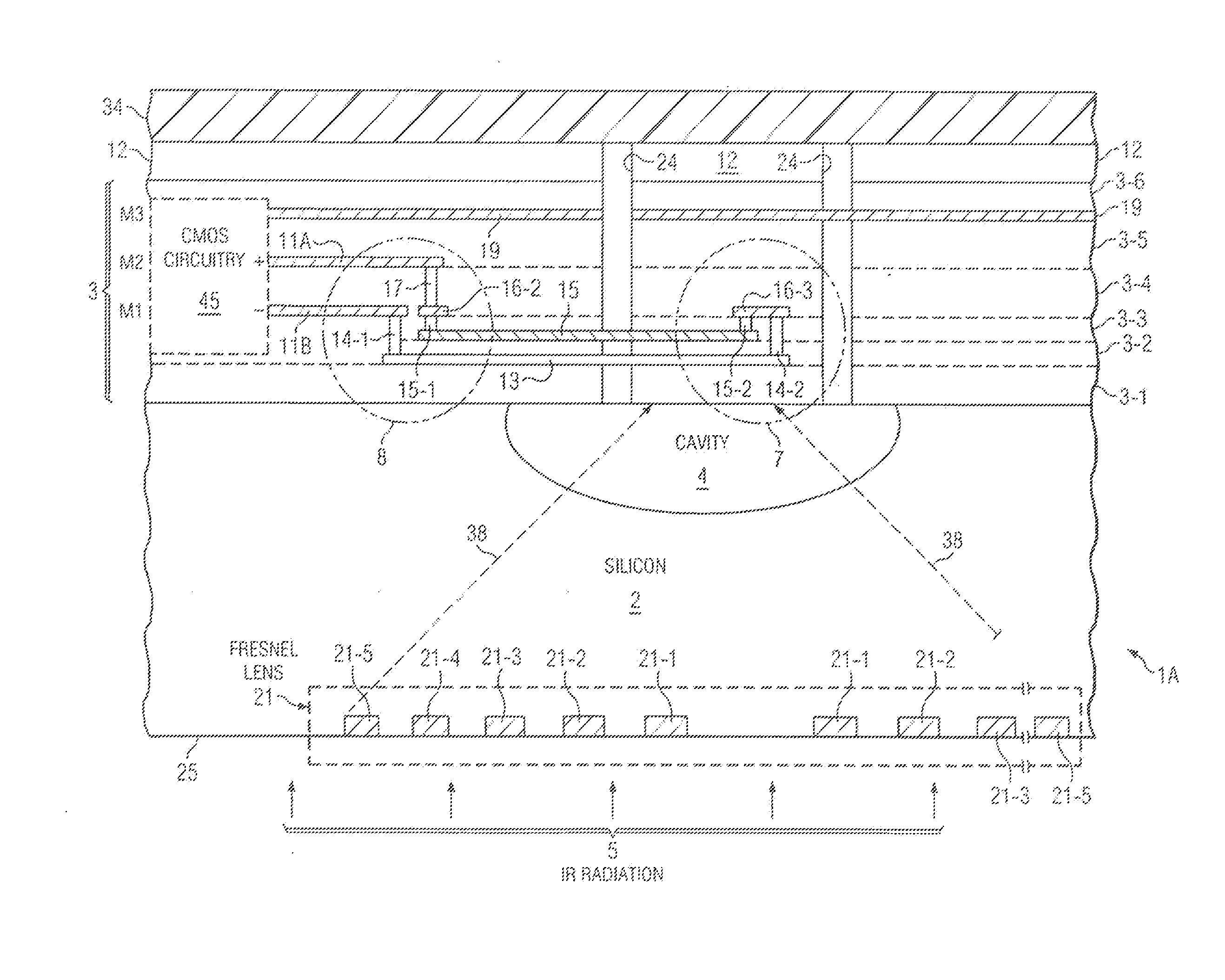 Integrated infrared sensors with optical elements, and methods