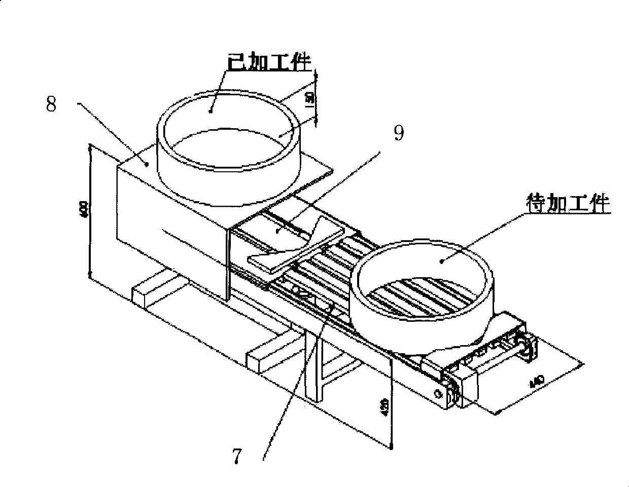 Automatic charging and discharging and transmitting device for handstand type numerical controlled lathe