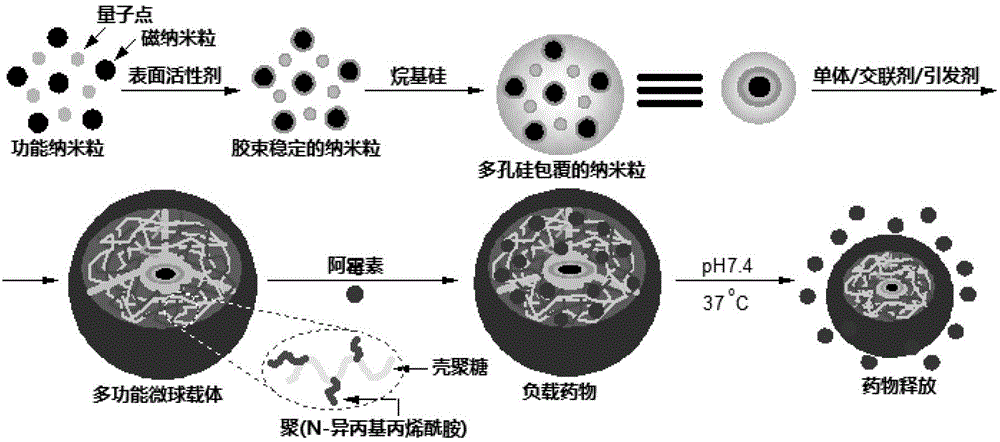 Preparation method of multifunctional medicine carrier integrating magnetism, fluorescence and thermosensitivity