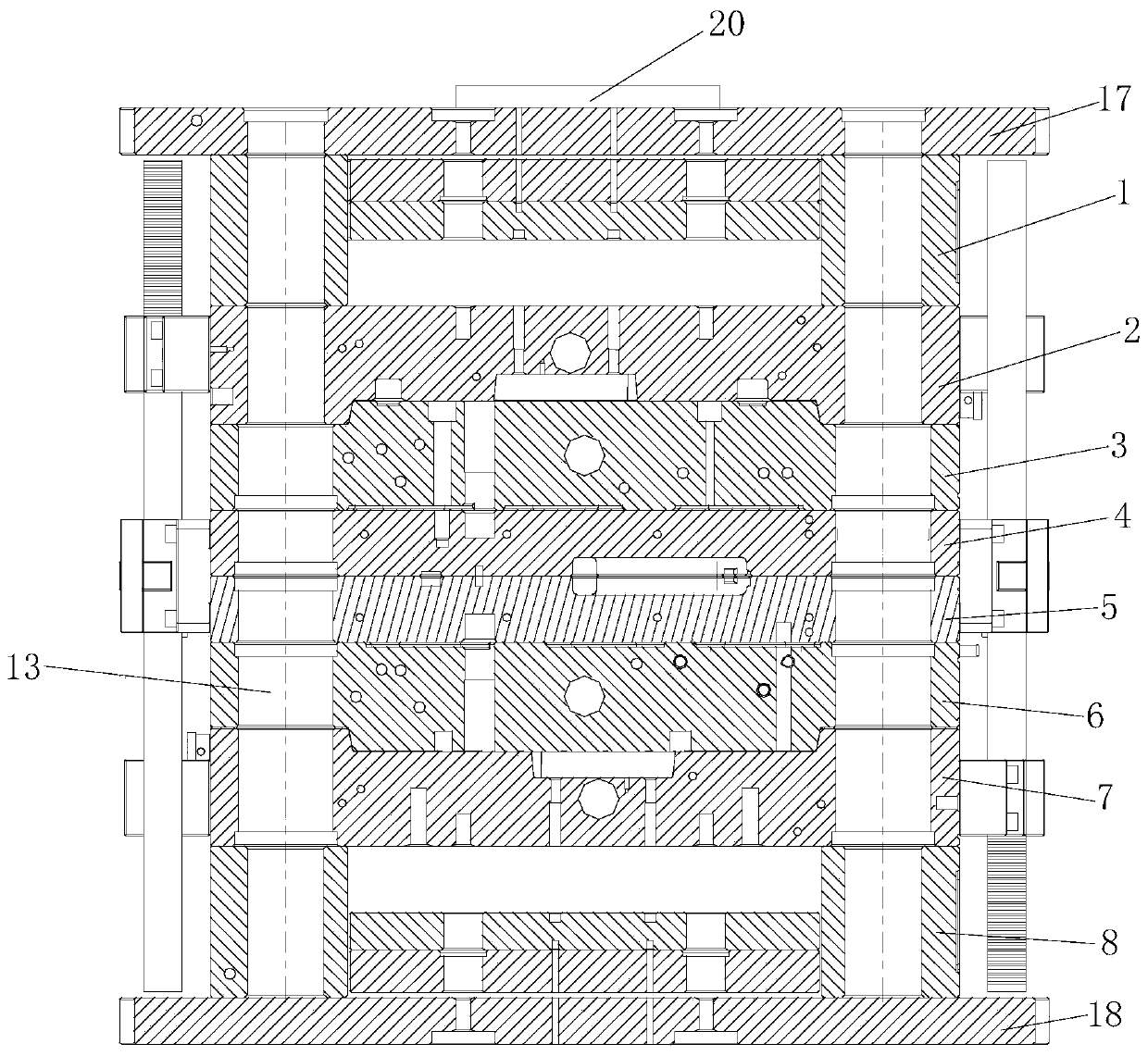 Double-mold-cavity laminated injection mold of round air outlet grid