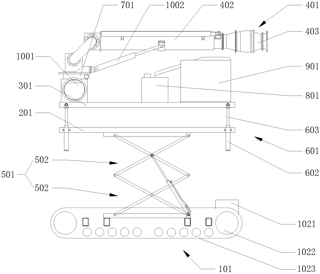 Double-stage lifting type crawler pump truck