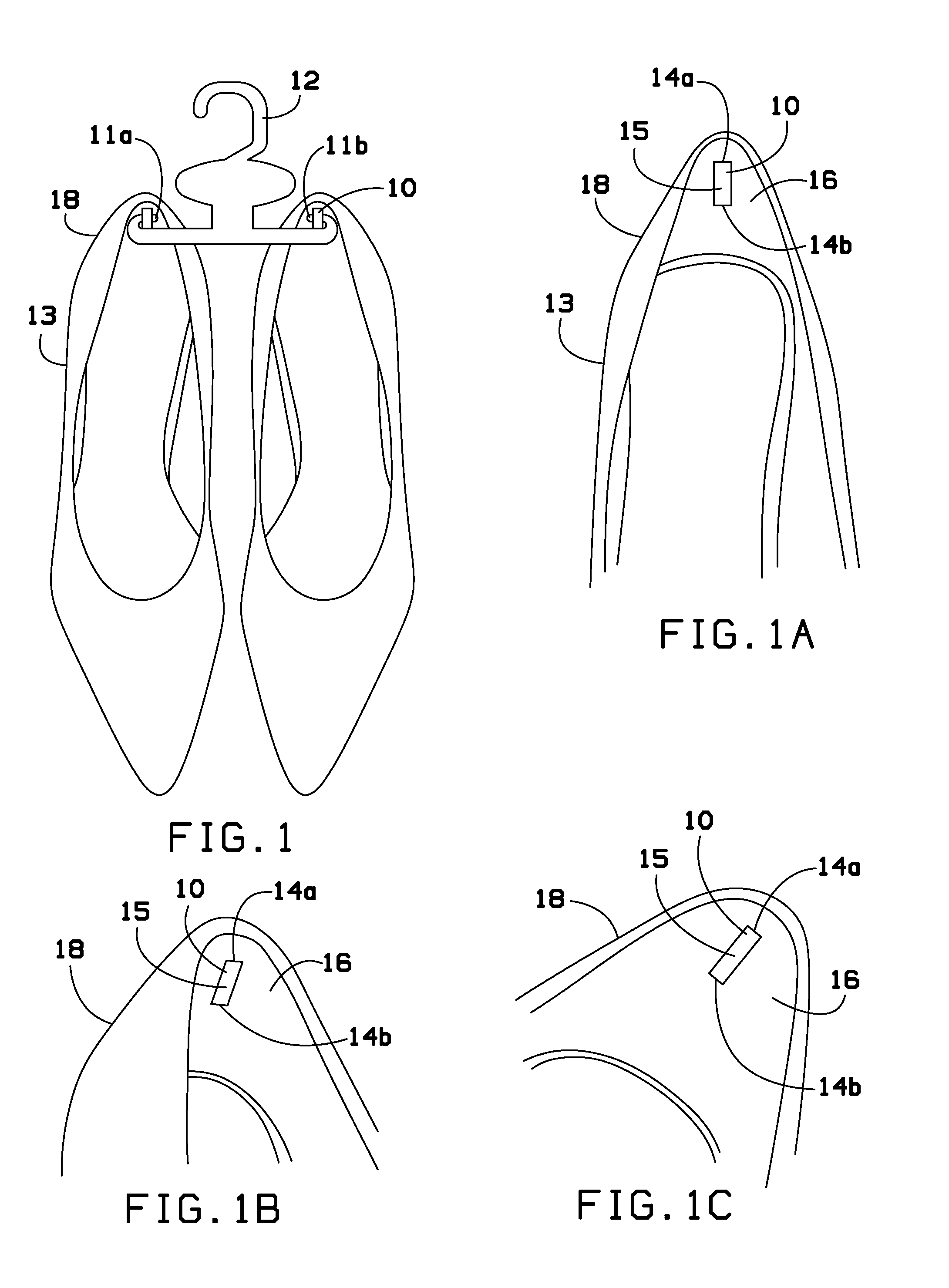 Fabric or elastic heel tab to attach shoes with heels to display hangers