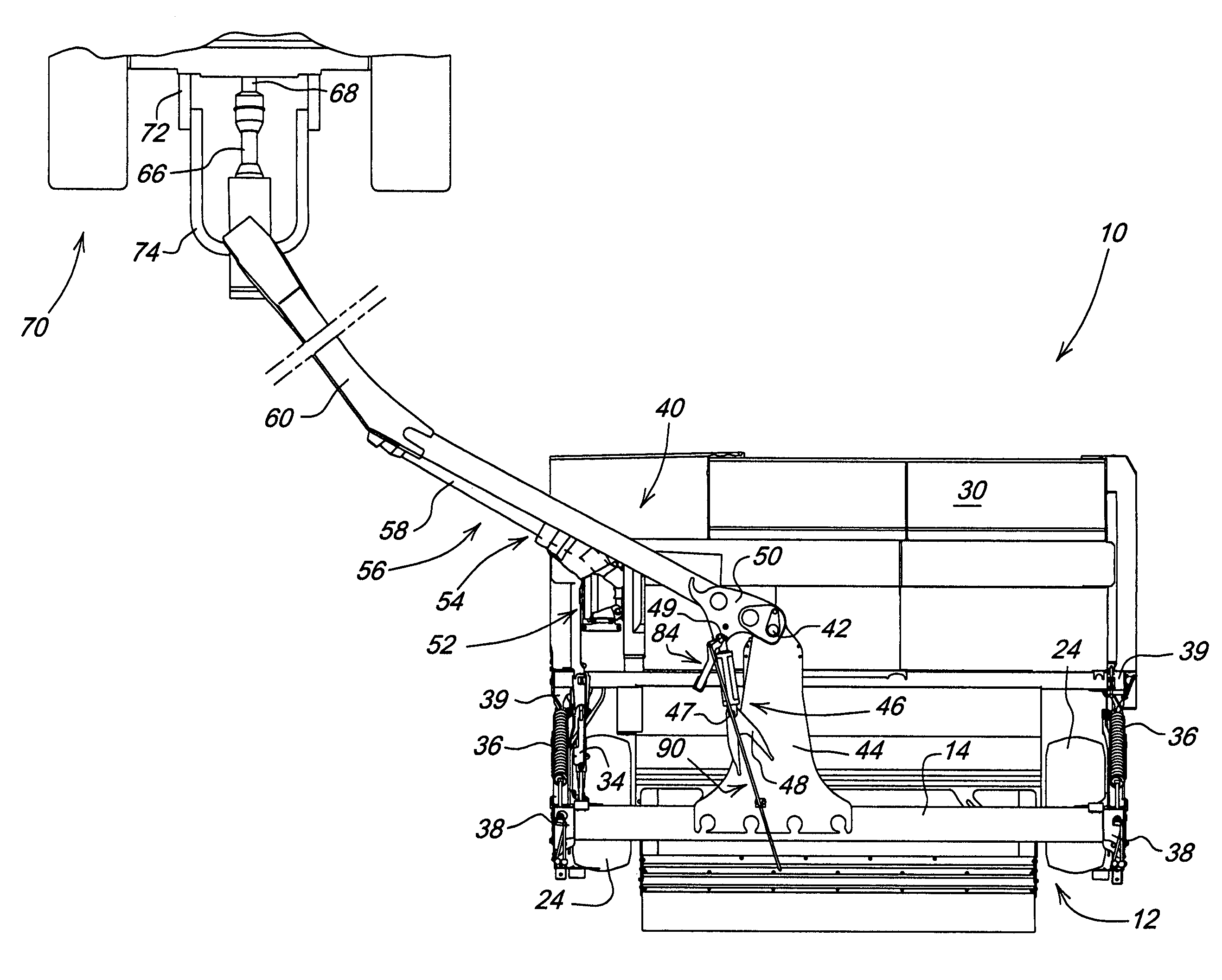 Tongue swing cylinder arrangement for rotary side-pull mower-conditioner