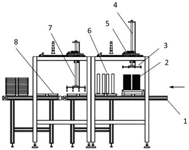 Box stacking and arranging device capable of fully automatically filling and placing absorbent pads