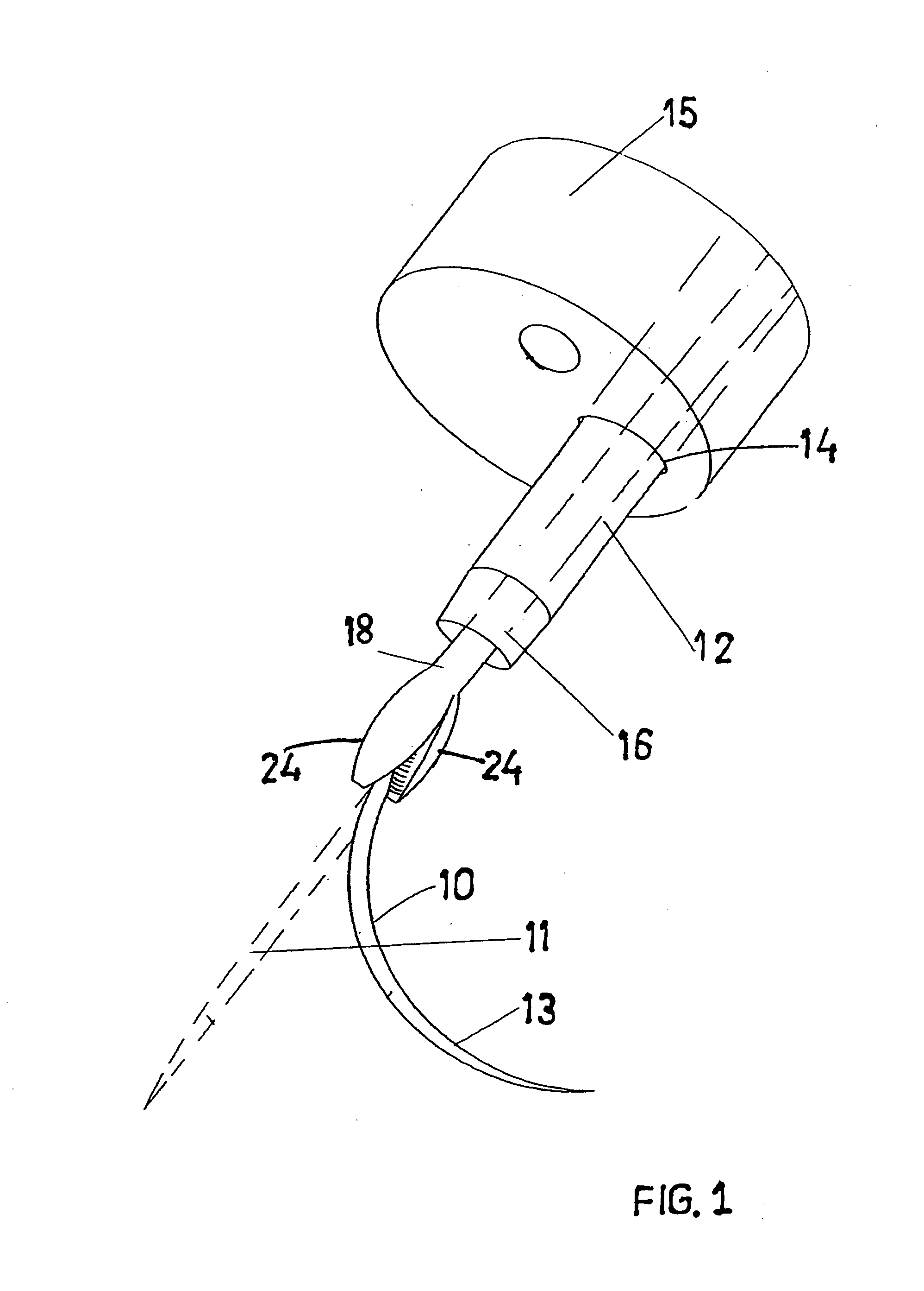 Endoscopic suturing assembly and associated methodology using a temperature biased suture needle