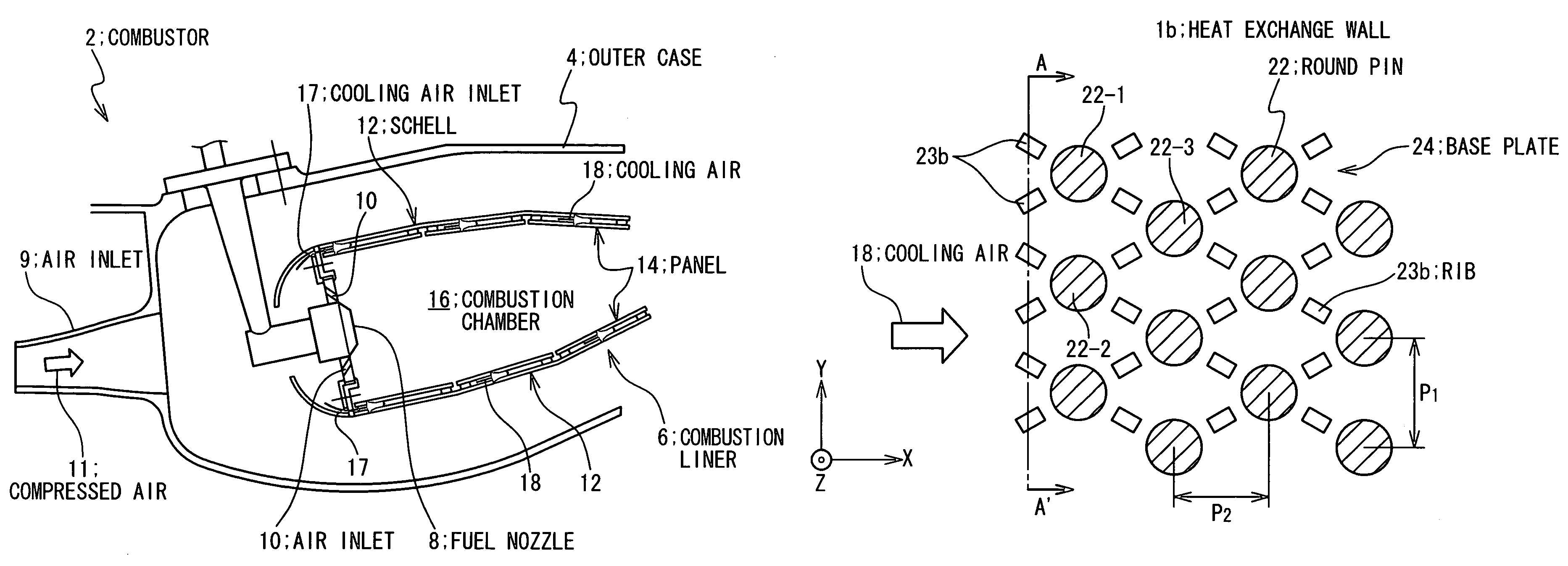 Heat exchanging wall, gas turbine using the same, and flying body with gas turbine engine