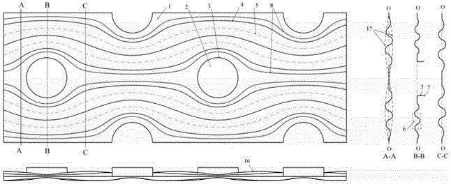 Round tube, tube and fin heat exchanger streamlined variable amplitude circular arc corrugated fins