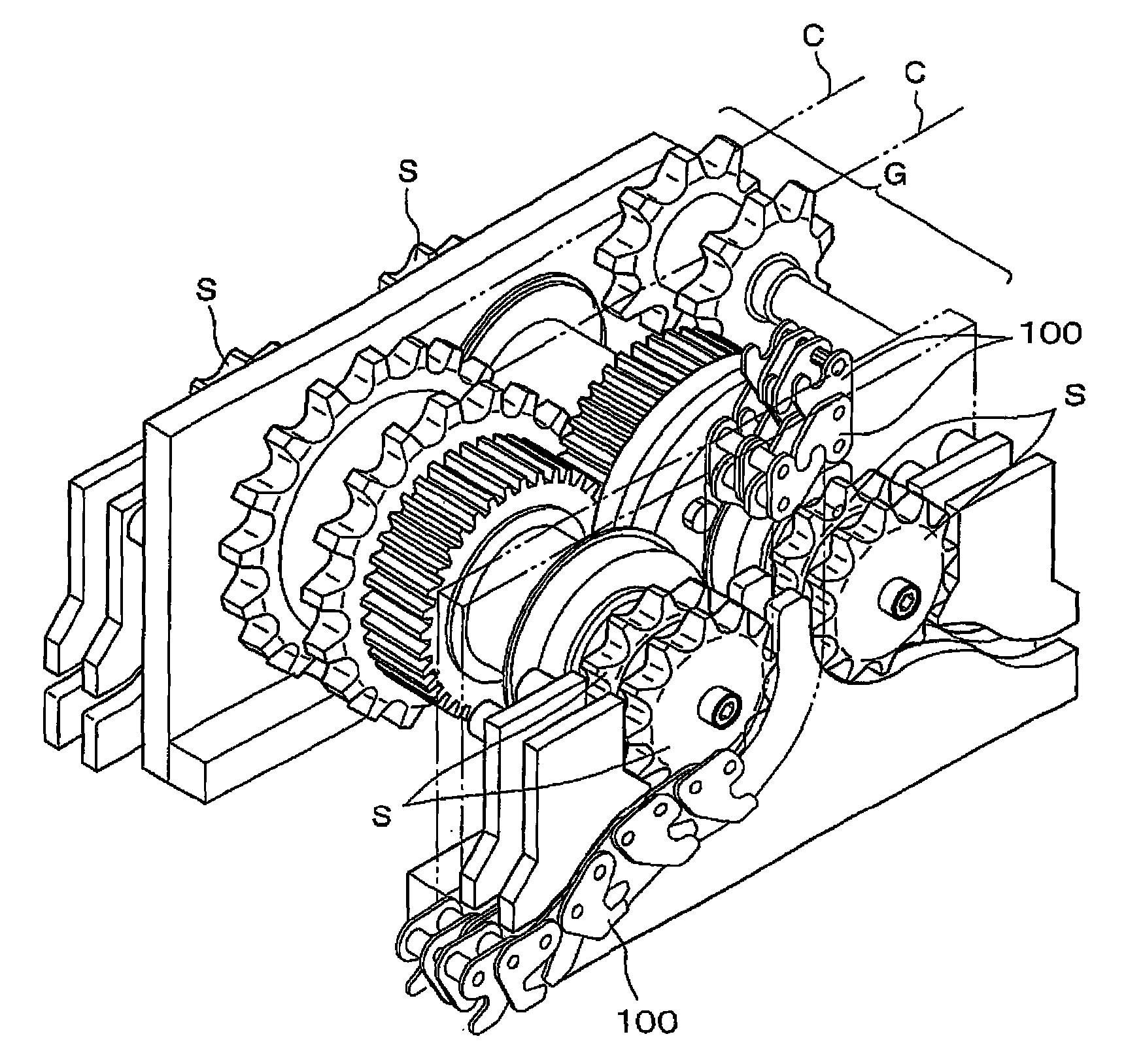 Hoisting and lowering driving engagement multi-row chain