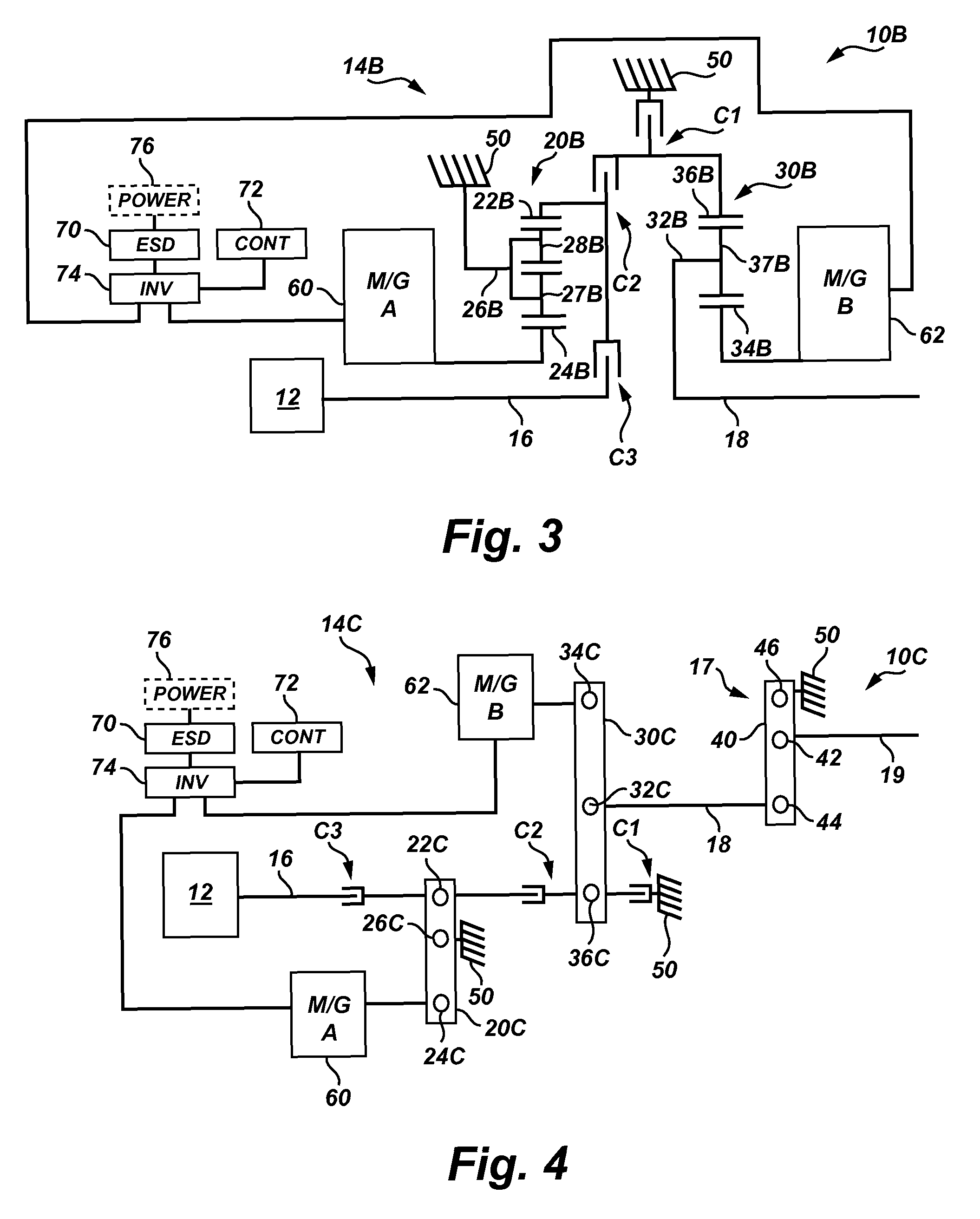 Output-split electrically-variable transmission with two planetary gear sets and two motor/generators