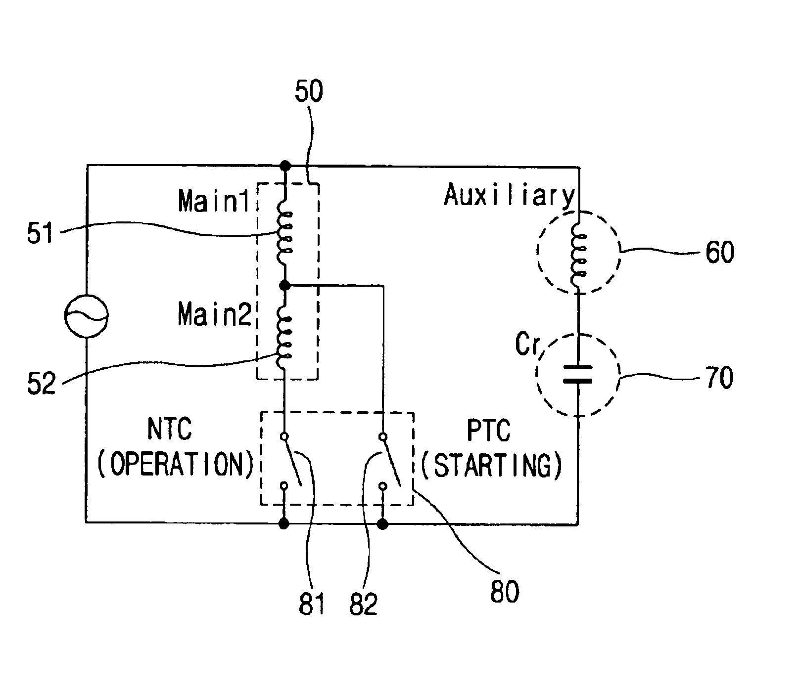 Driving circuit for improving starting of hybrid induction motor and method thereof