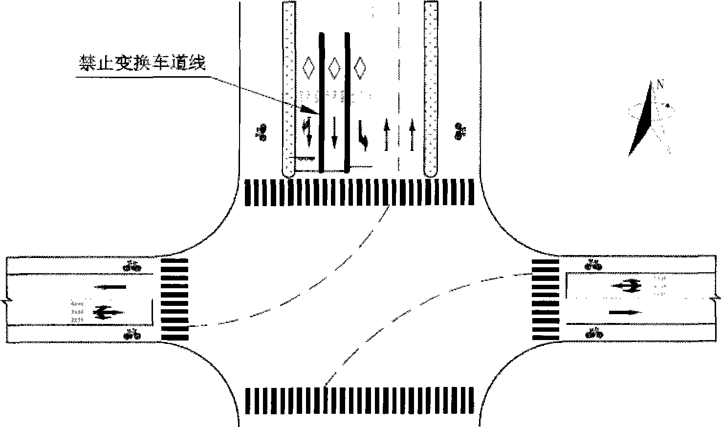 Method for determining traffic lane length of crossing inlet road for forbidding lane exchange