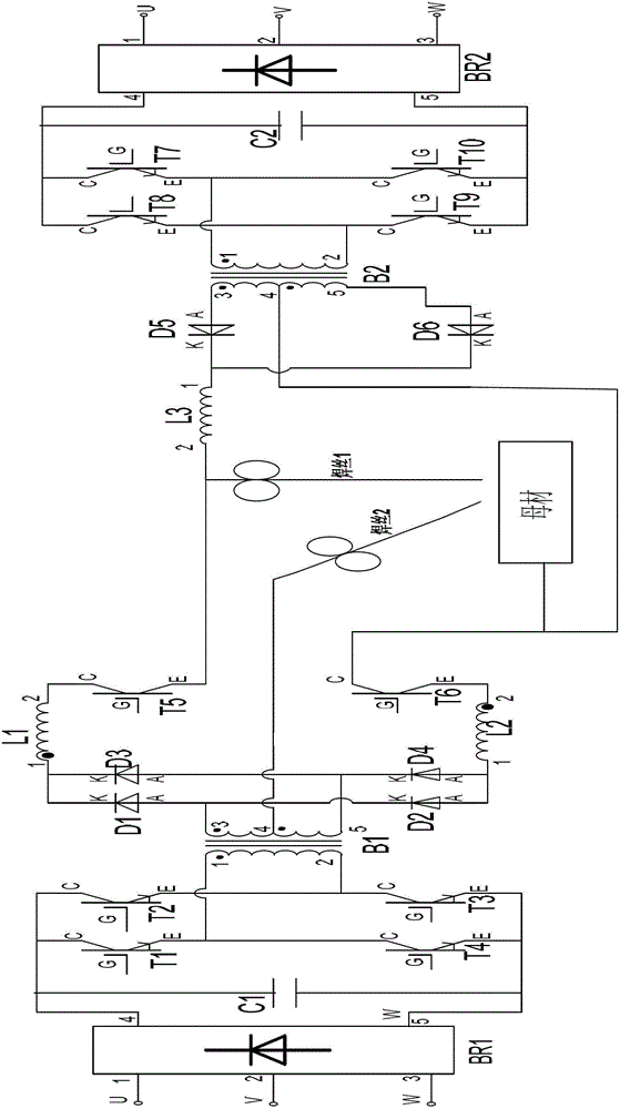 A dual-melting electrode transfer arc compound welding power supply device