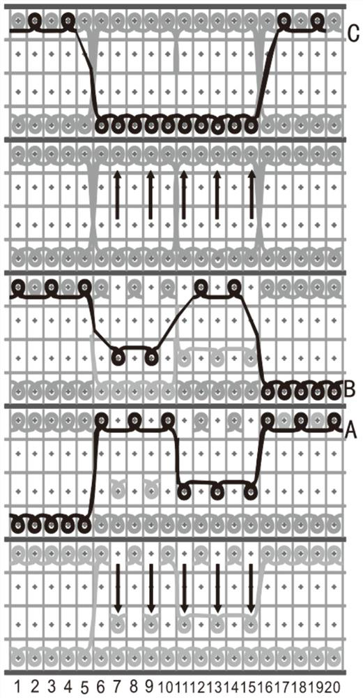 Knitting method of air layer through-bottom jacquard weave of four-needle-plate flat knitting machine and knitted fabric