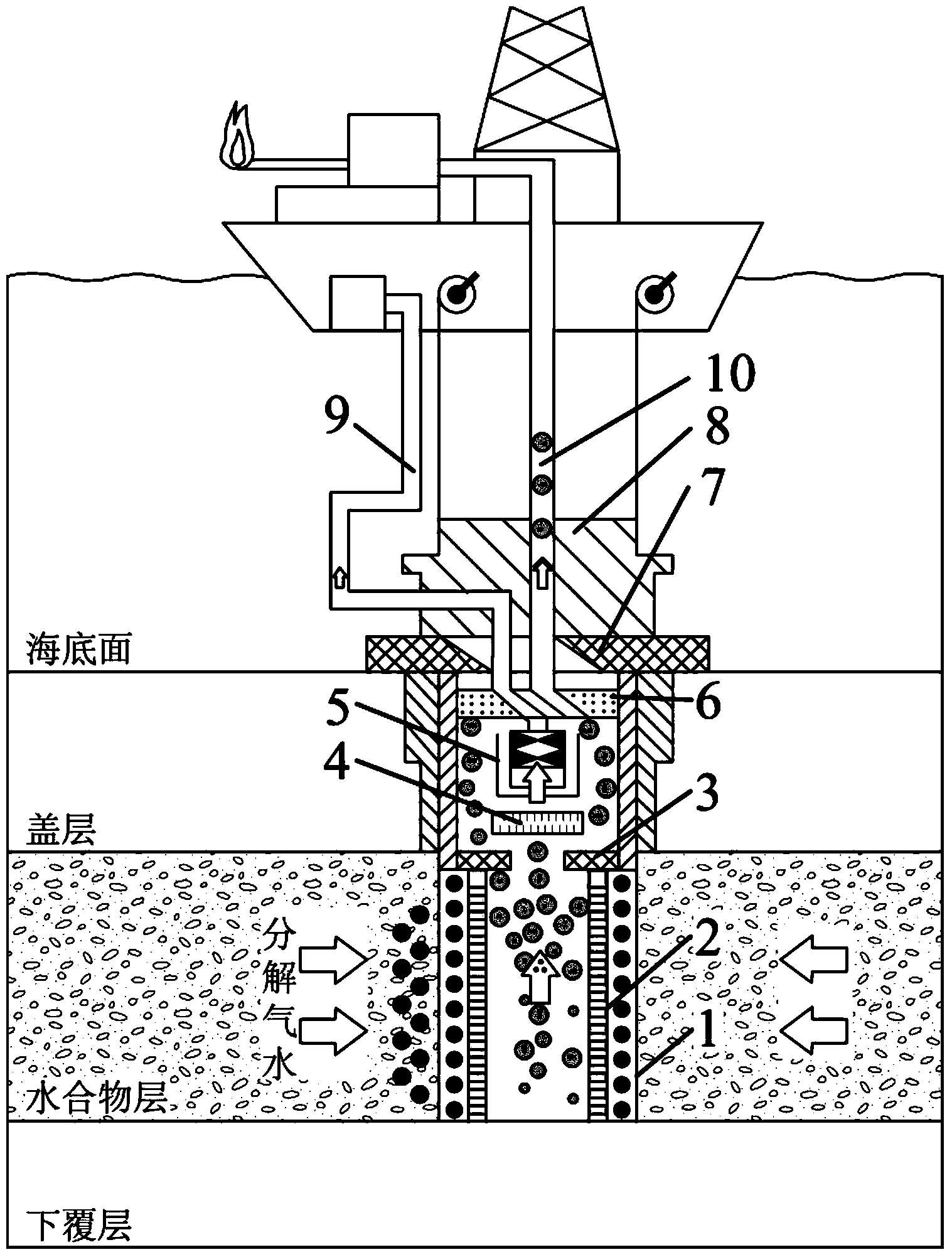 Device and method for safely and efficiently exploiting ocean natural gas hydrate through depressurizing decomposition