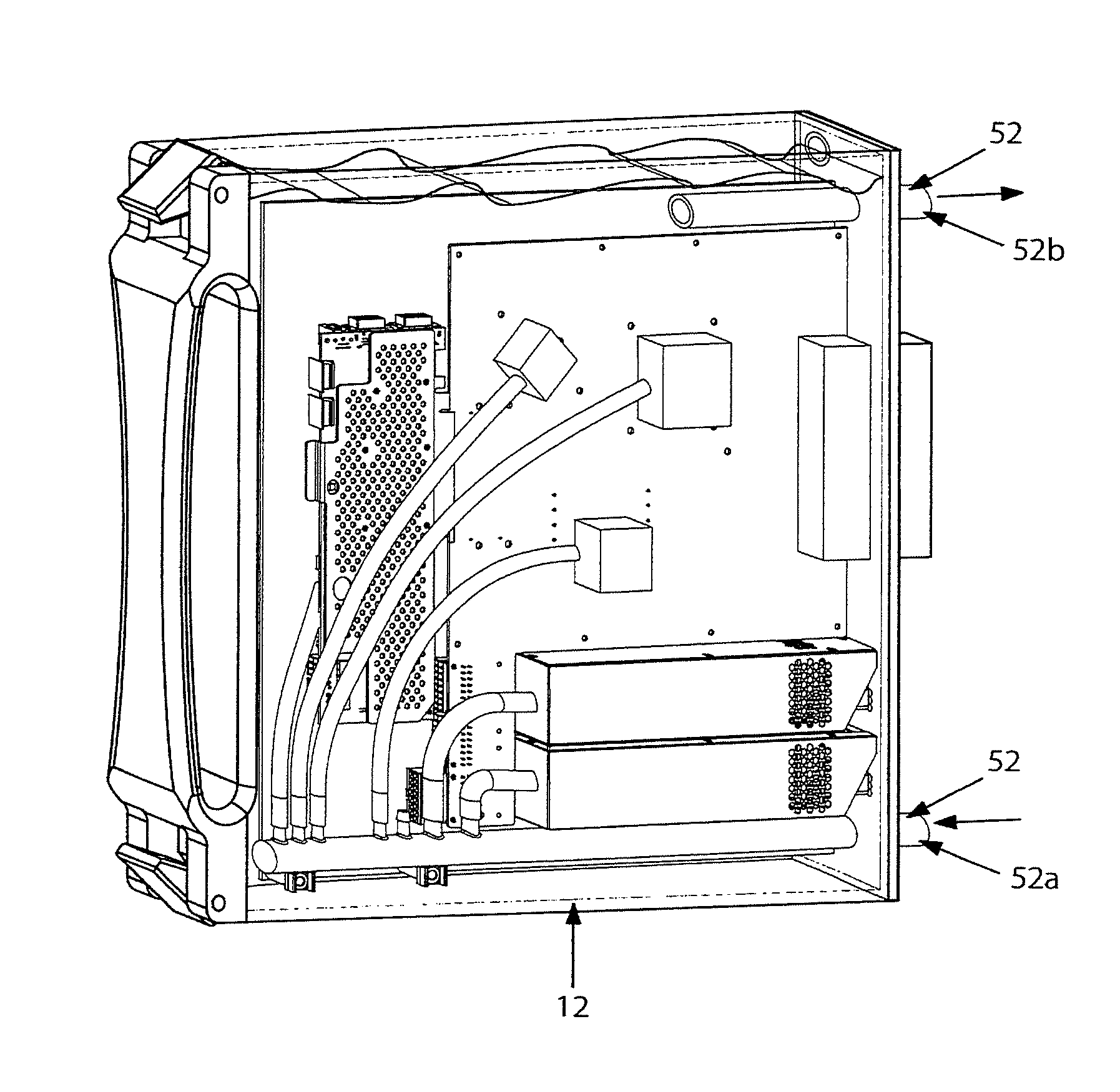 Case and rack system for liquid submersion cooling of electronic devices connected in an array