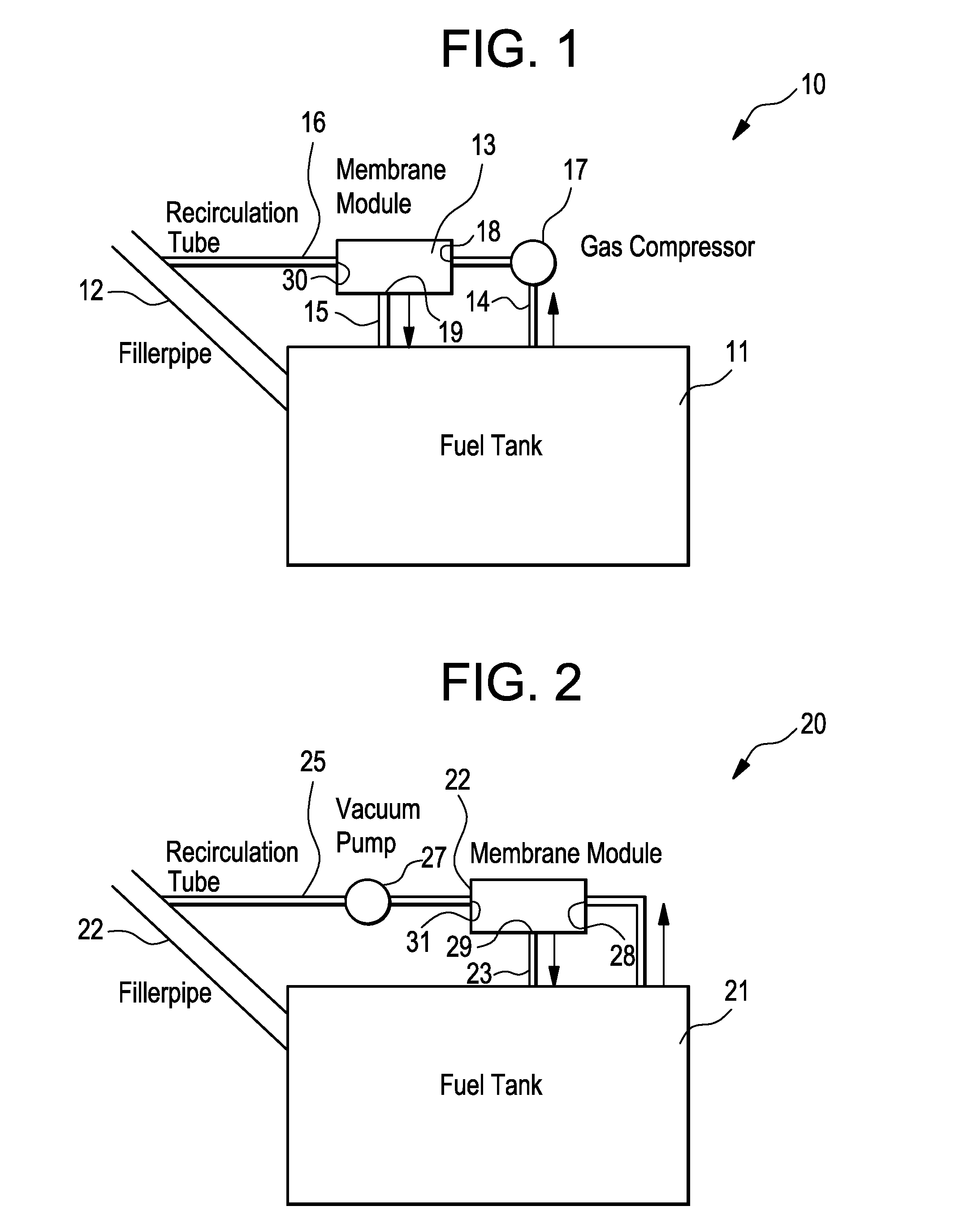 Hydrocarbon separation from air using membrane separators in recirculation tube