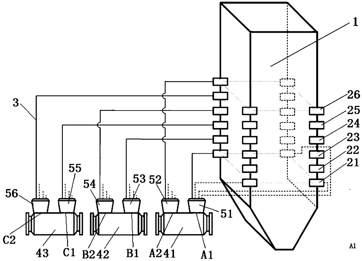 Flame center controllable coal pulverizing system mill dislocation pulverized coal pipeline arrangement structure