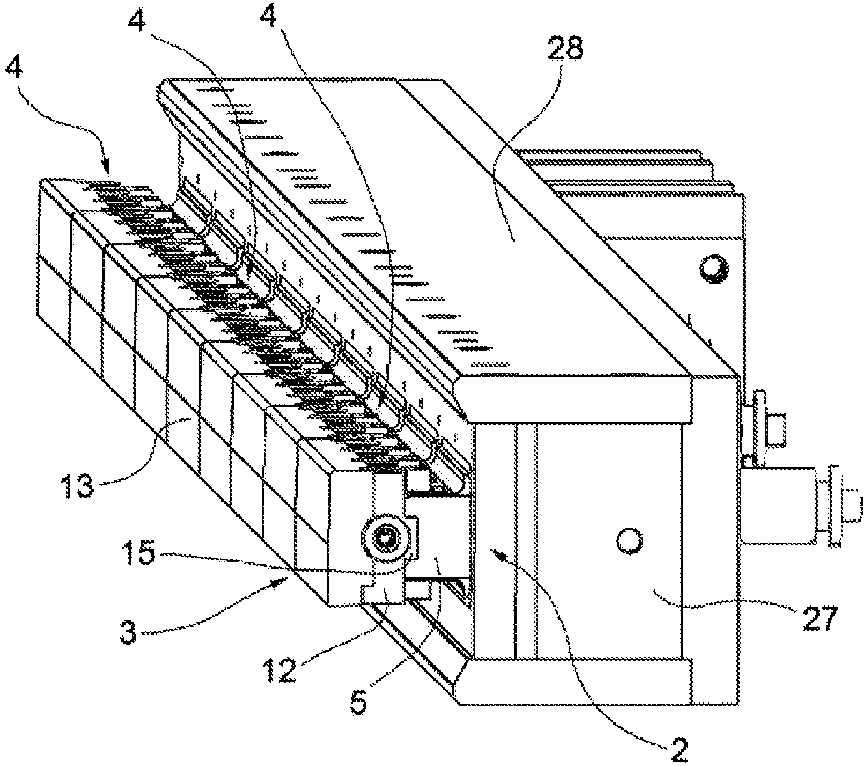 An end panel group of a press for ceramic products and the like