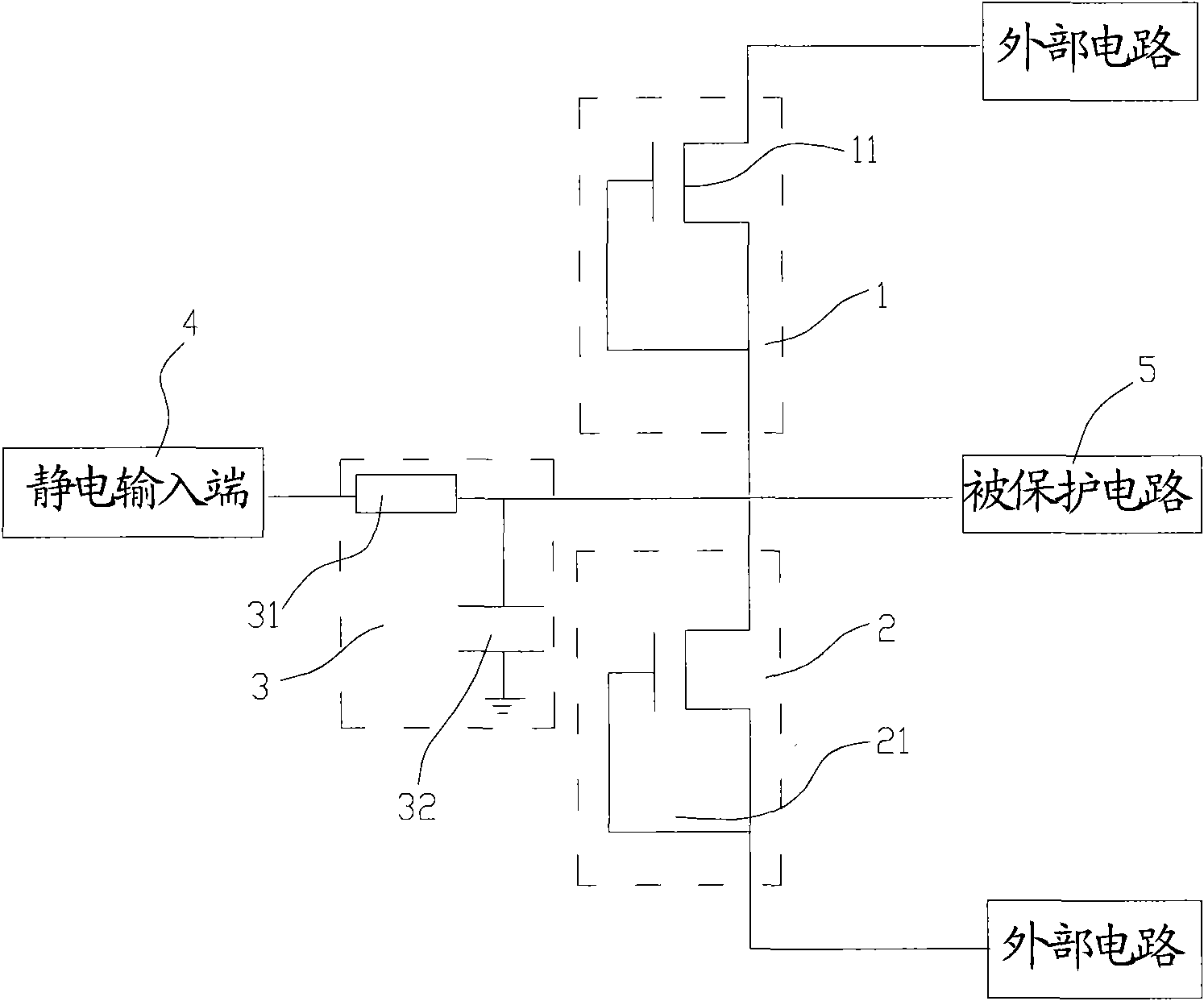 Static protection circuit, in particular static protection circuit of liquid crystal display panel and static protection circuit array of liquid crystal display panel