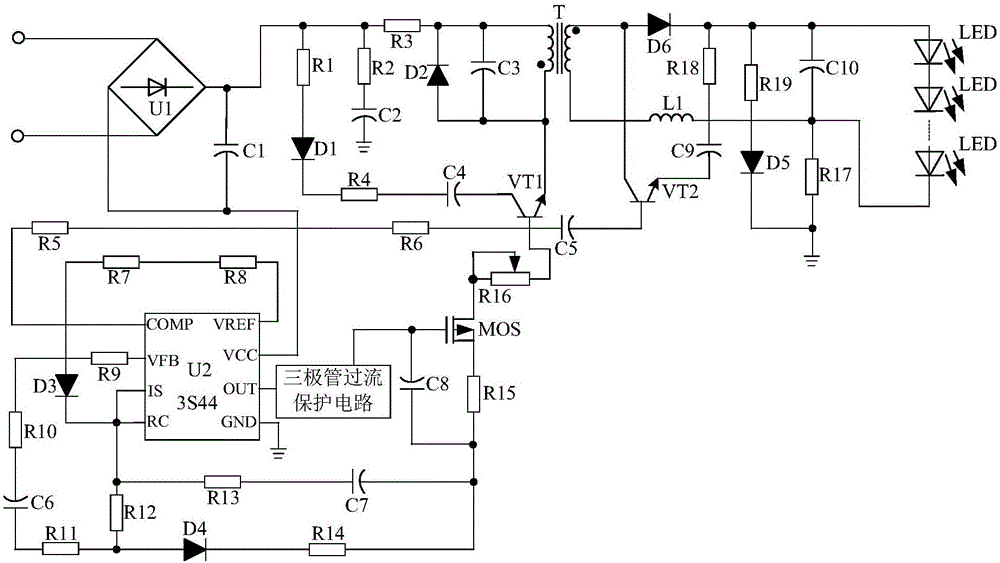 Triode overcurrent protection type energy-saving power supply circuit for cold-light LED