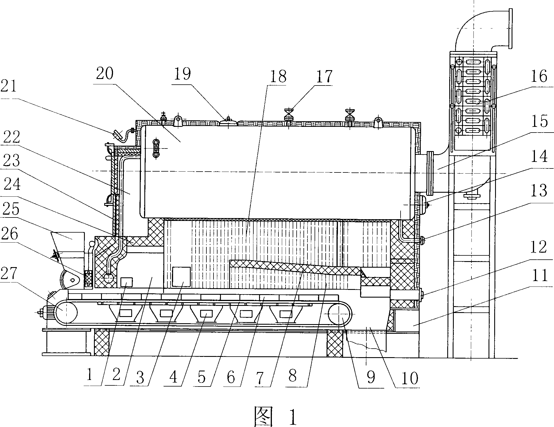 Single-spiral flow smokeless steam boiler with chain grates