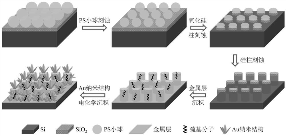 Preparation method of SERS (Surface Enhanced Raman Scattering) substrate with wettability multistage nano array structure