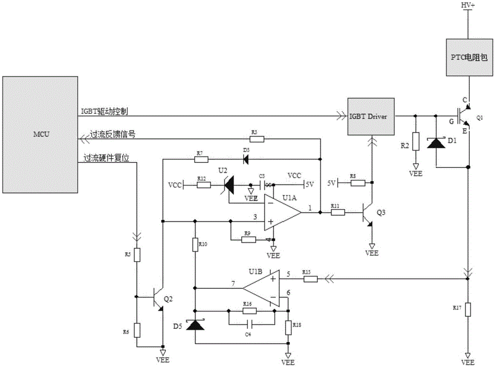 Positive temperature coefficient (PTC) water heater over-current detection software and hardware dual protection circuit