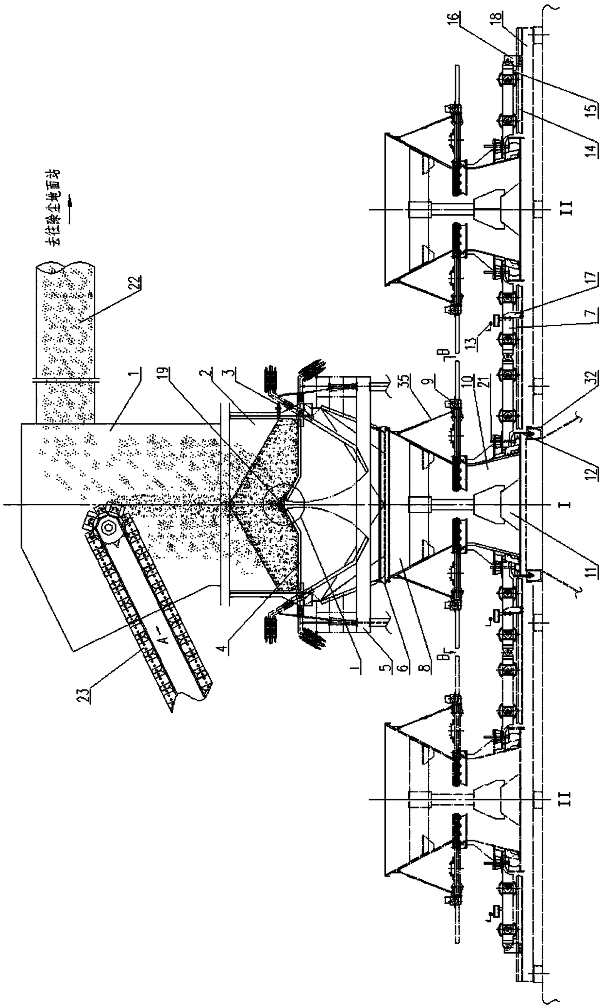 Double-hopper loading device with automatic discharge turnover plates and seal gates and working method