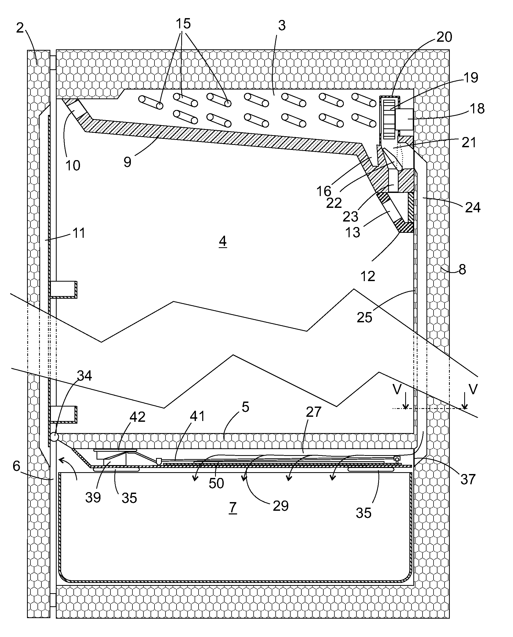 Refrigerating device with circulating air cooling system