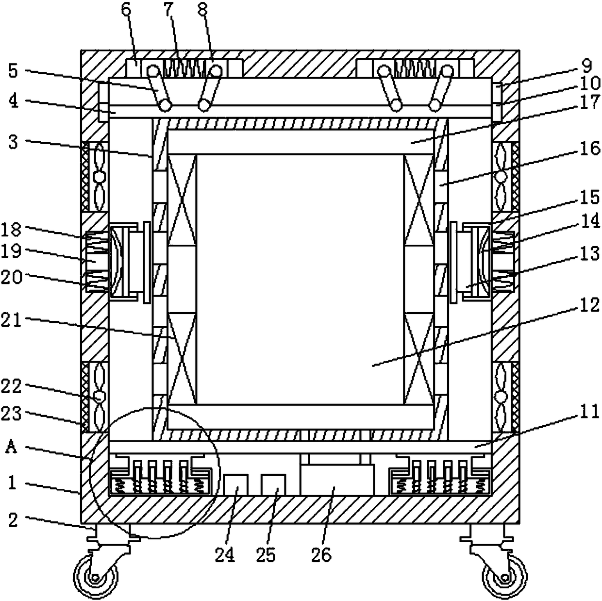 Mobile power distribution cabinet with buffering housing of double-layer structure