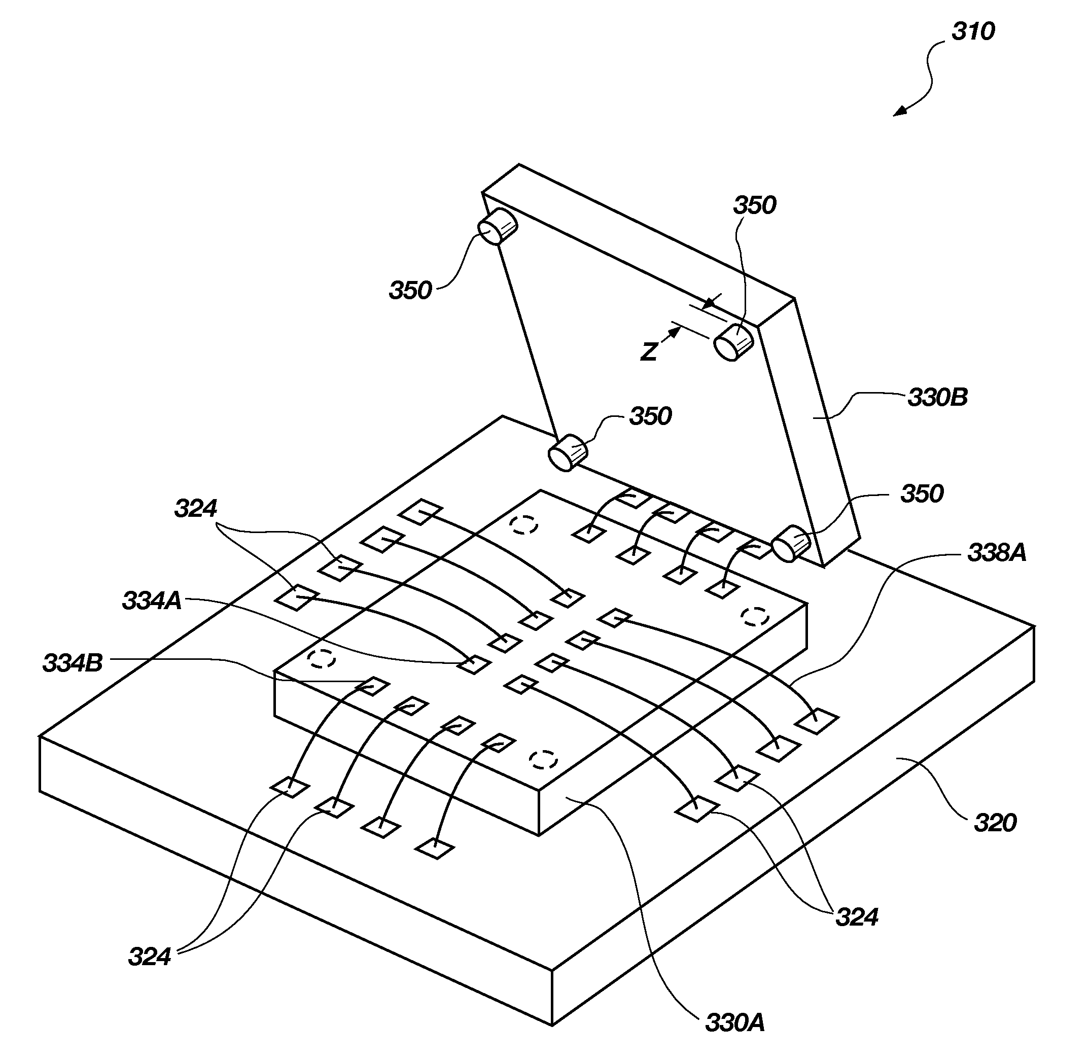 Assemblies and multi chip modules including stacked semiconductor dice having centrally located, wire bonded bond pads