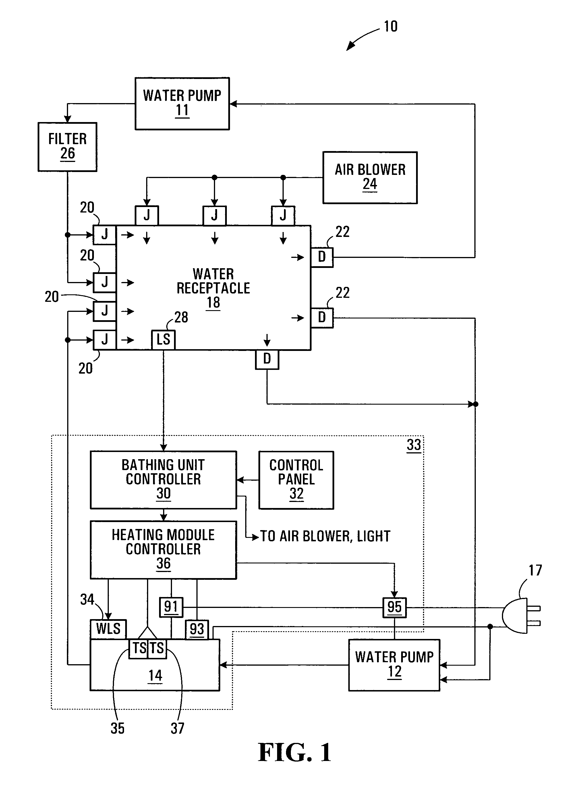 Water flow detection system for a bathing unit