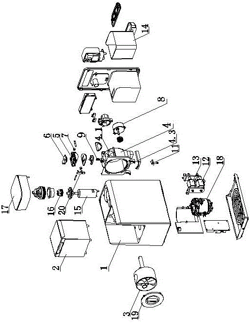 Bean-grinding coffee machine with movable brewing head