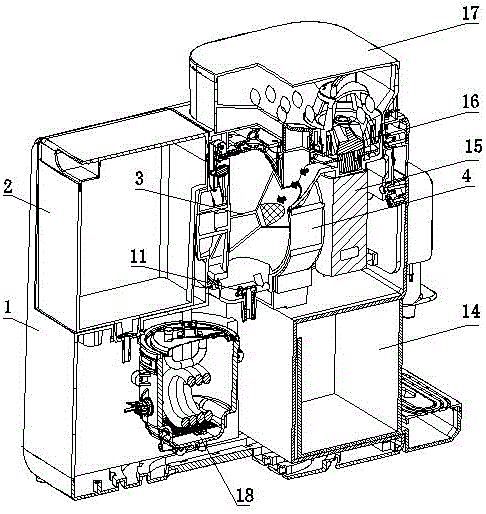 Bean-grinding coffee machine with movable brewing head