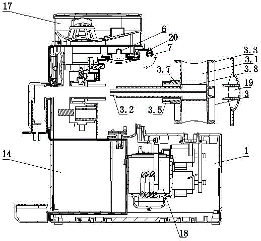 Bean-grinding coffee machine with movable brewing head