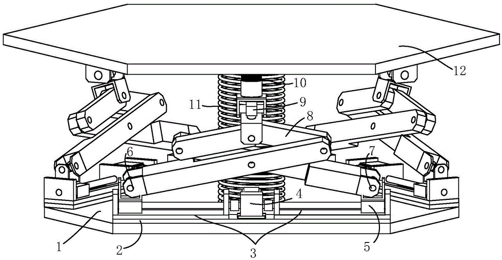 Three-degree-of-freedom parallel attitude-adjusting and vibration-isolating platform comprising tower-shaped telescopic branches