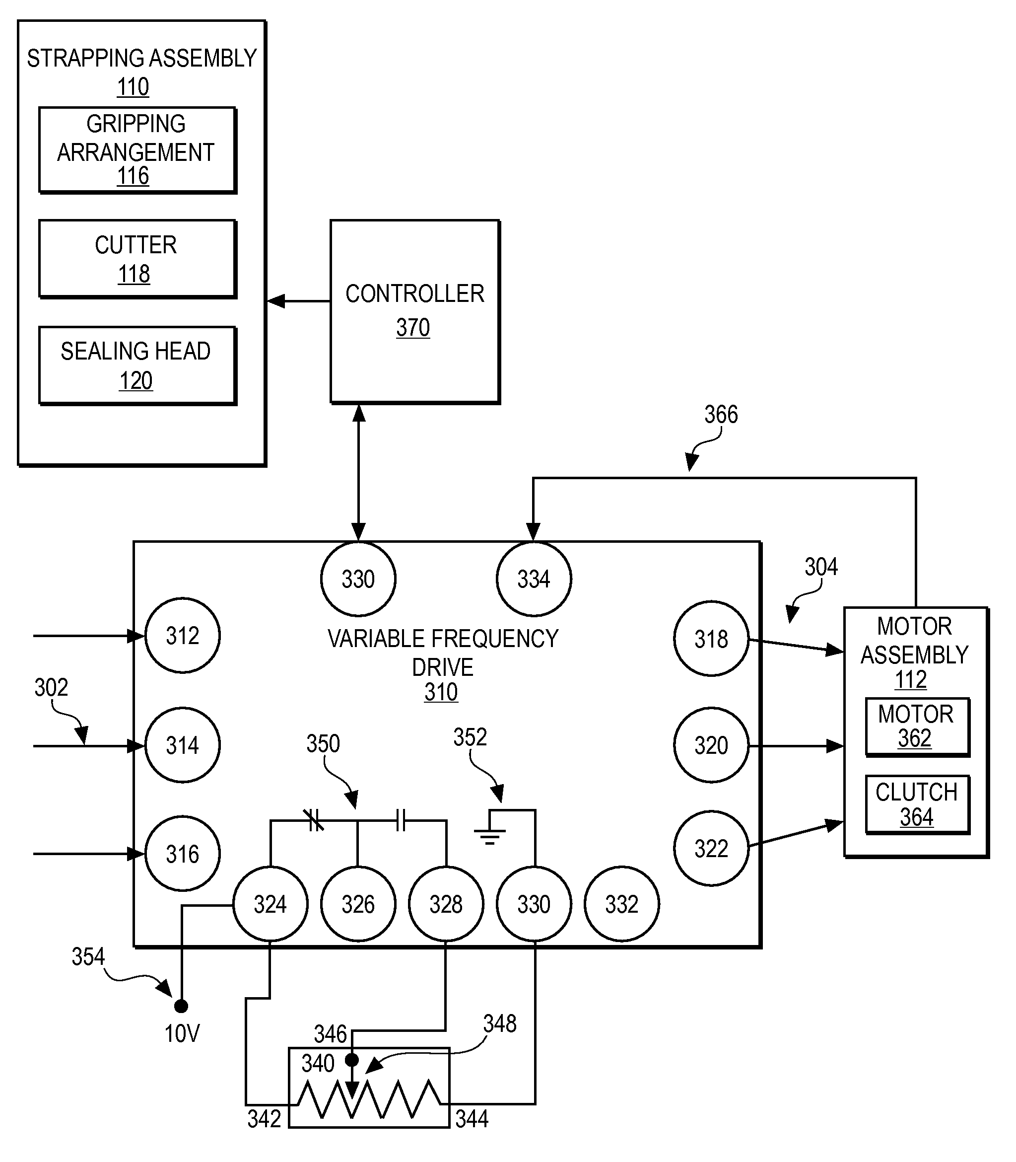 Tension control system and method for tensioning a strapping material around a load in a strapping machine