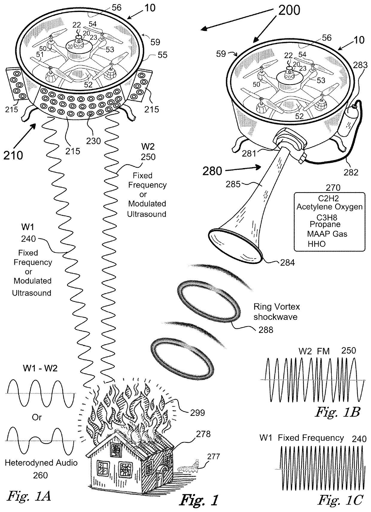 Multifunction firefighting infrasound, hailstone, plant pollination drone apparatus and method