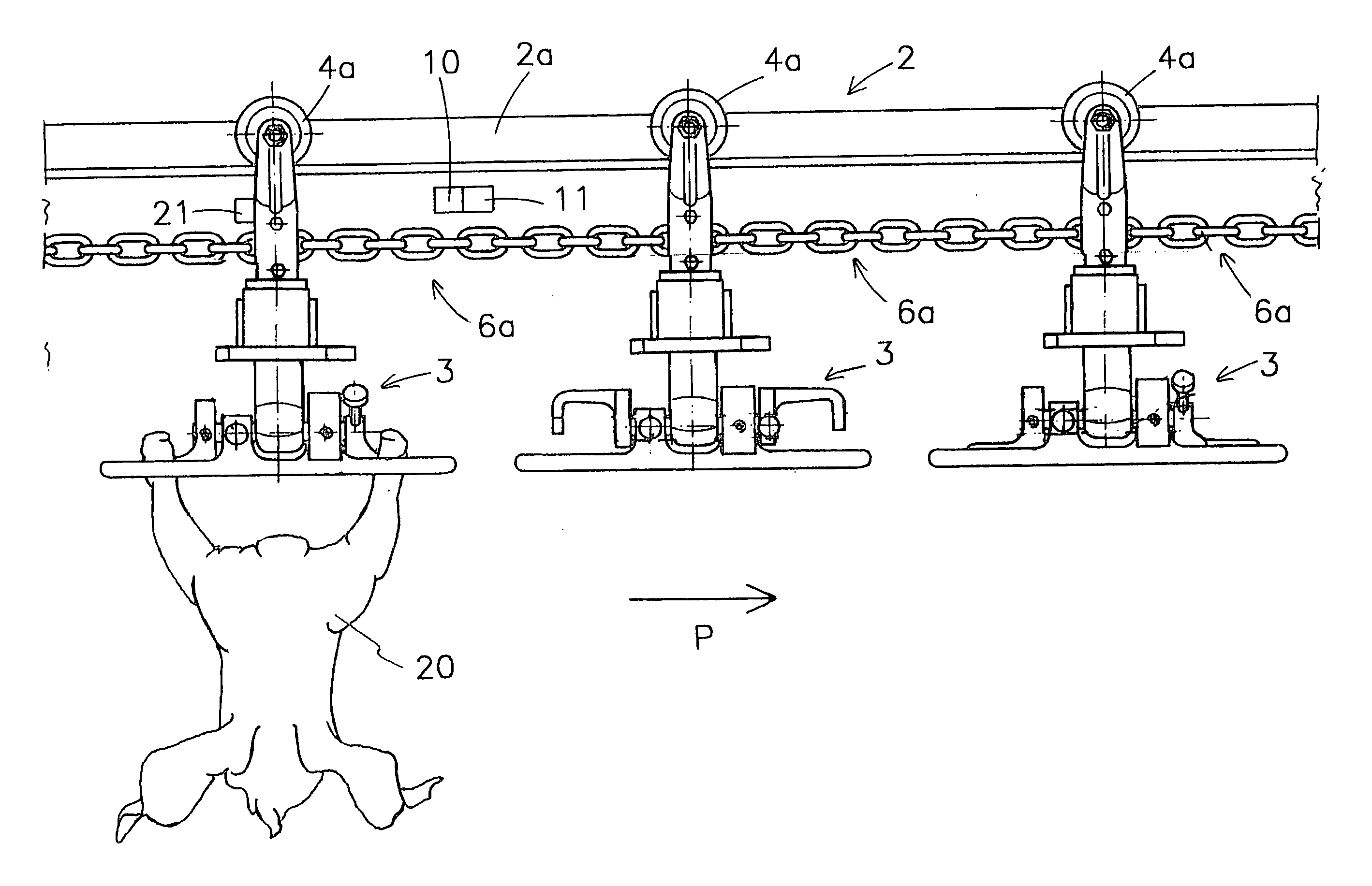 Device and method for processing slaughter animals and/or parts thereof provided with a transportation system