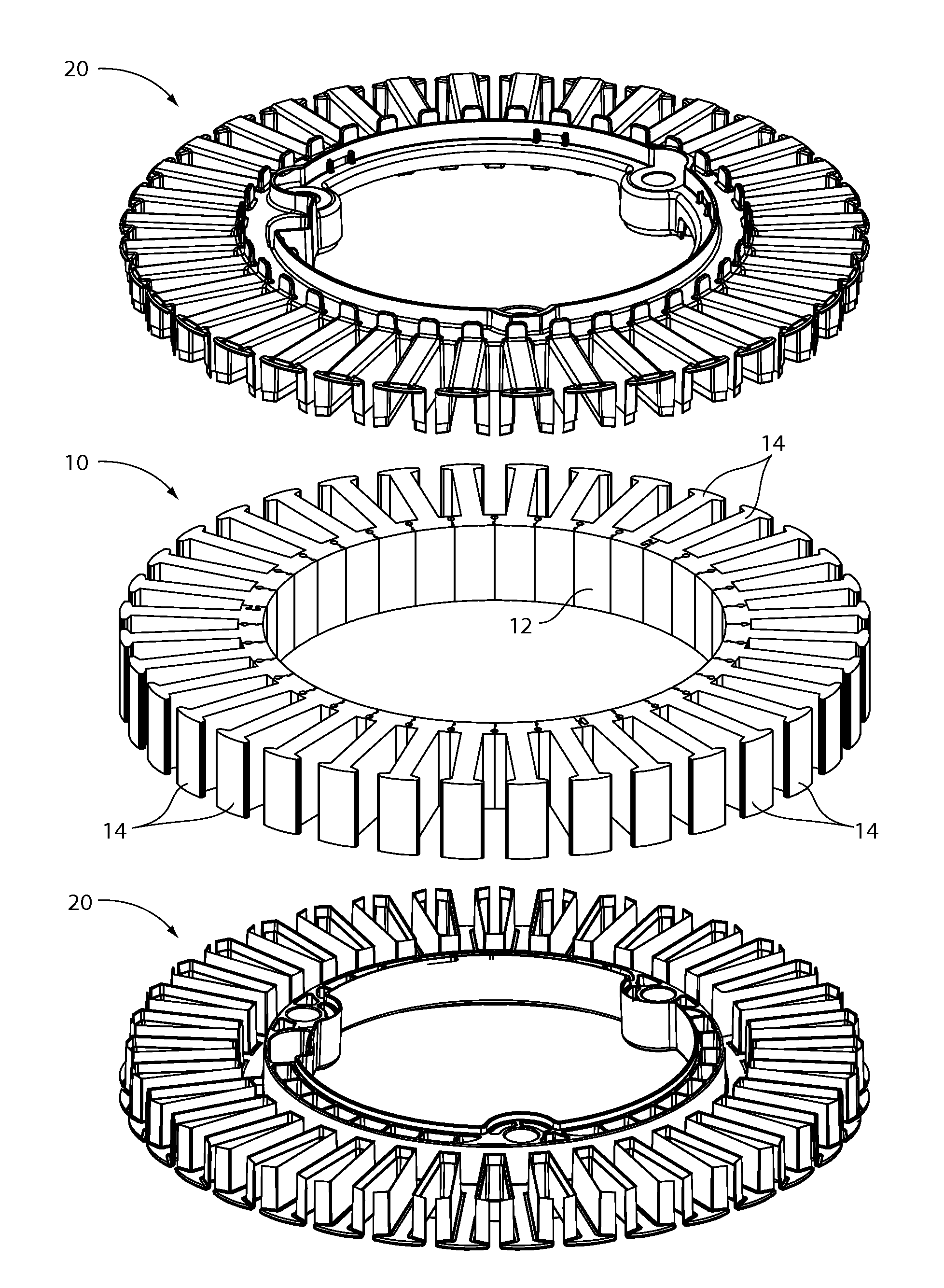 Low Noise Rotor or Stator of an Electric Motor or Generator and Method of Assembling the Same