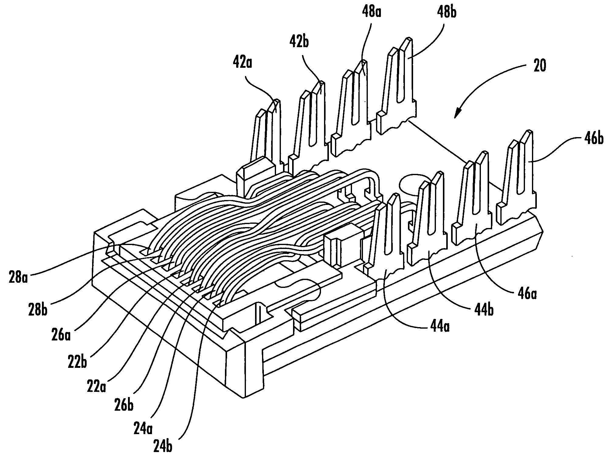 Communications jack with printed wiring board having self-coupling conductors