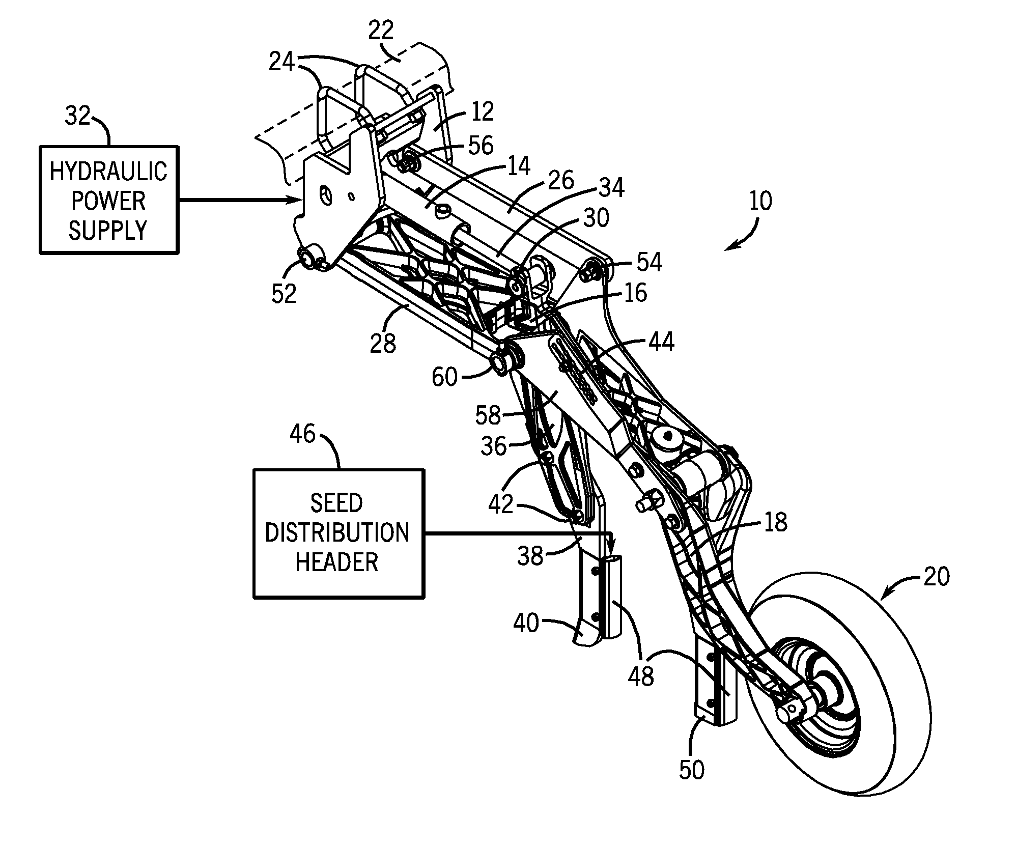 Precision hoe opener with swing link between cylinder and shank