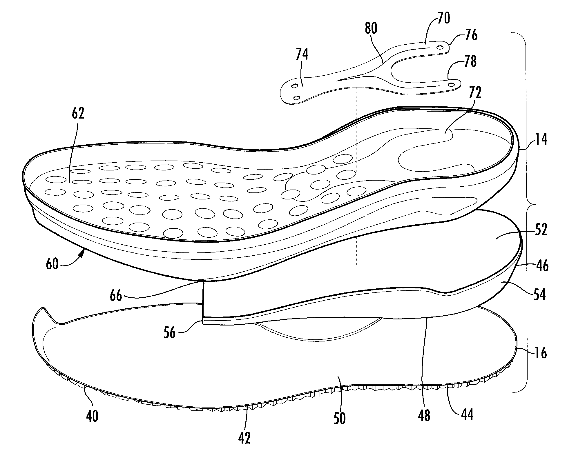 Shoe construction having a rocker shaped bottom and integral stabilizer