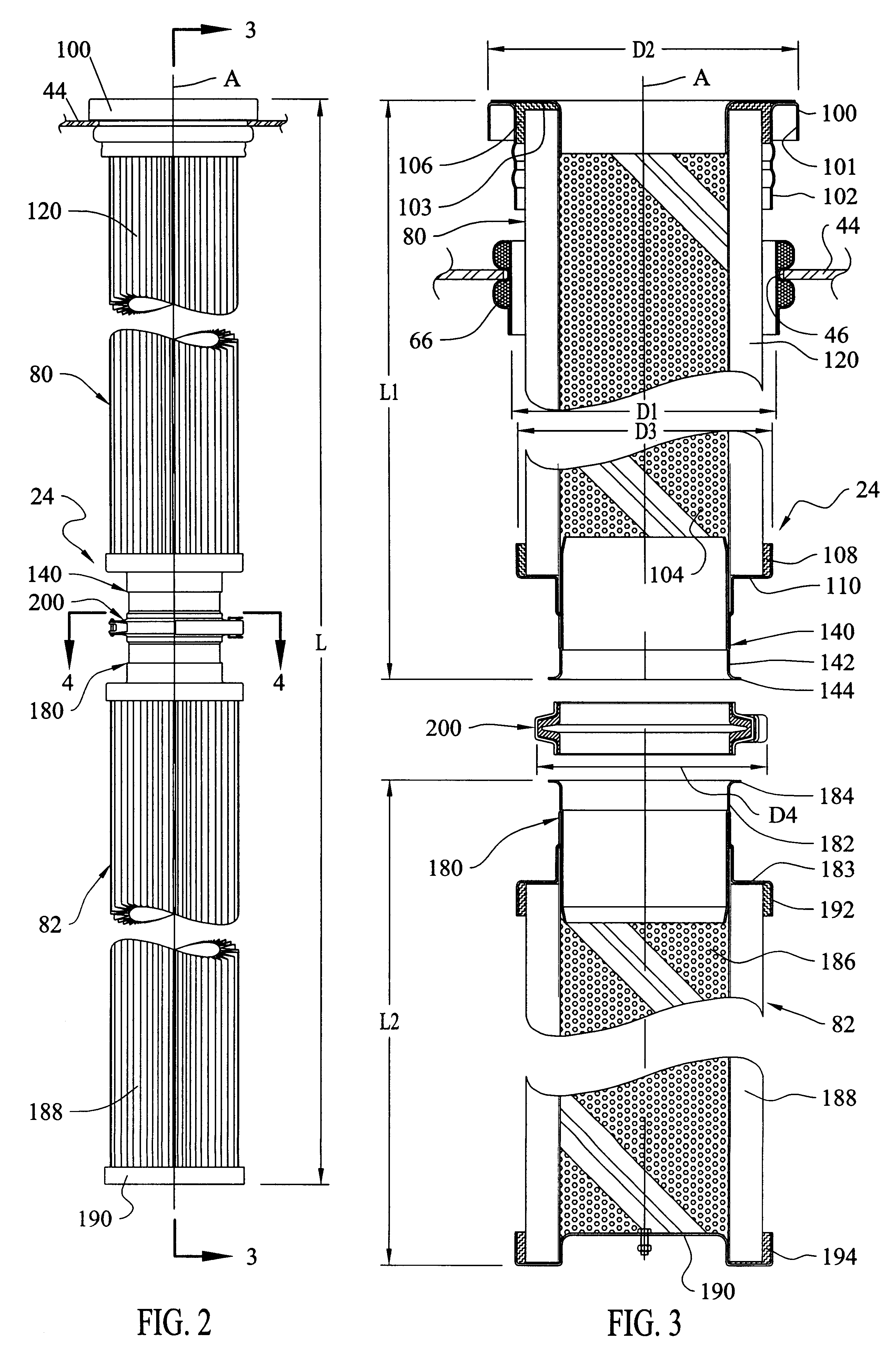 Baghouse, long filter assembly and method of installation