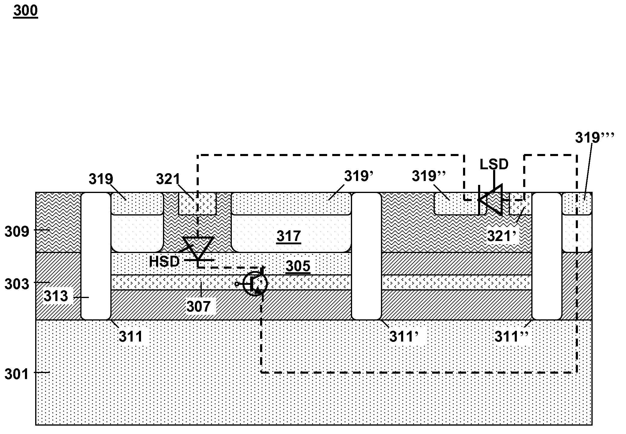 Low capacitance transient voltage suppressor (TVS) with reduced clamping voltage