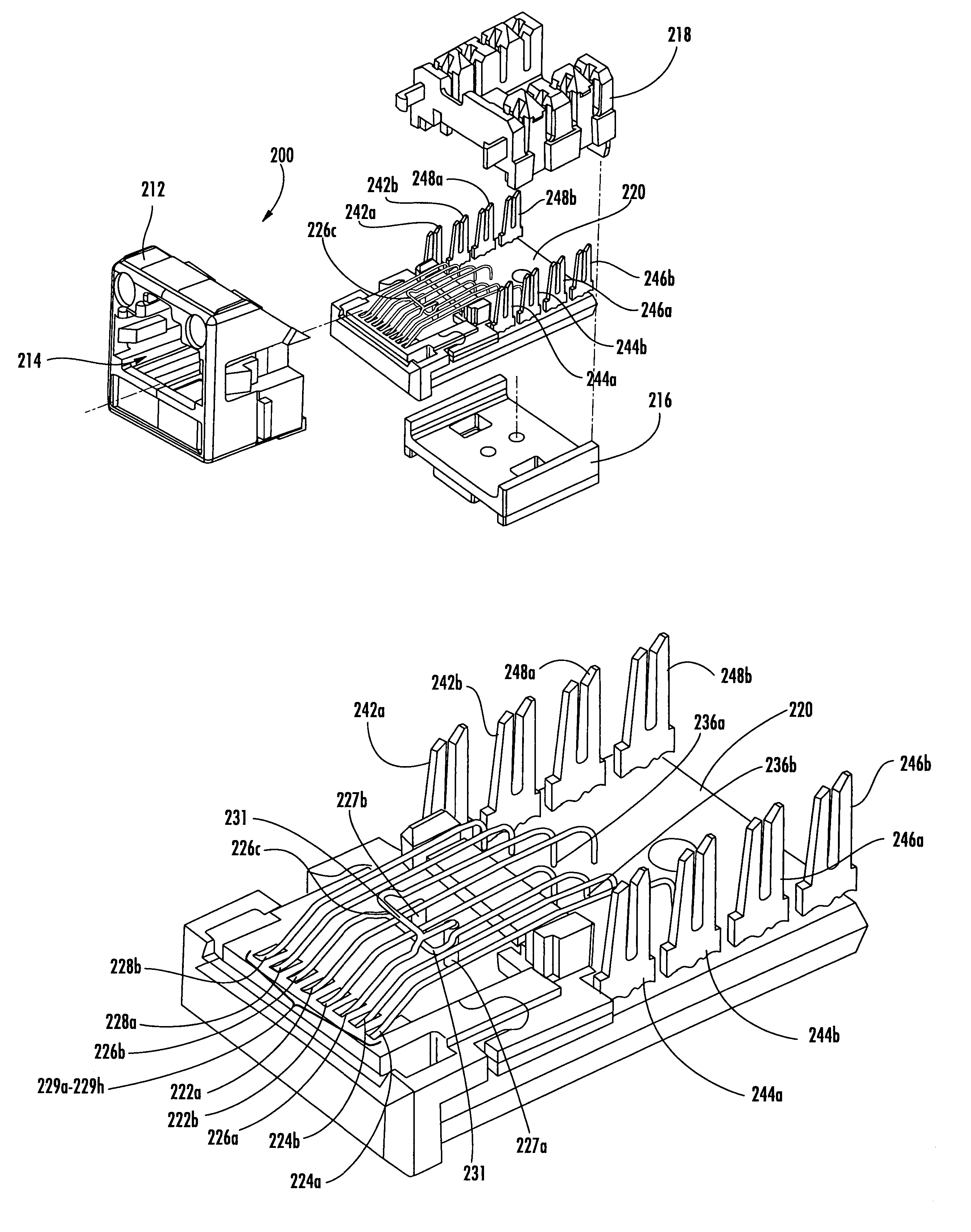 Communications jack with compensation for differential to differential and differential to common mode crosstalk