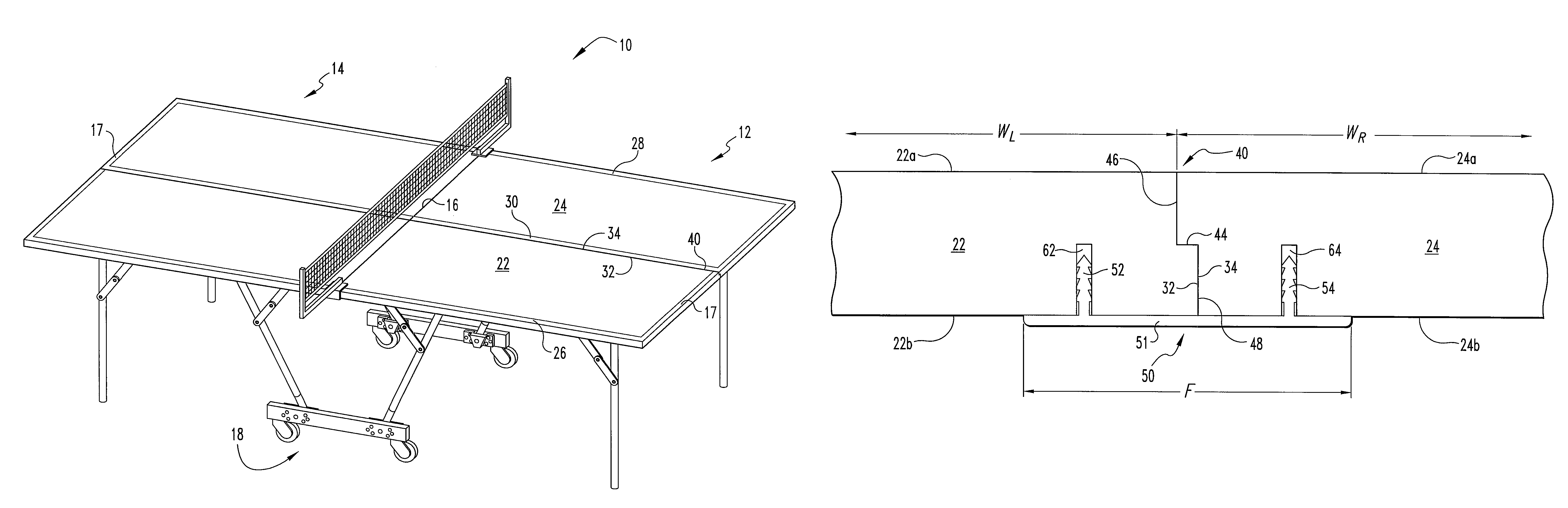 Four piece table tennis table having a stabilized joint