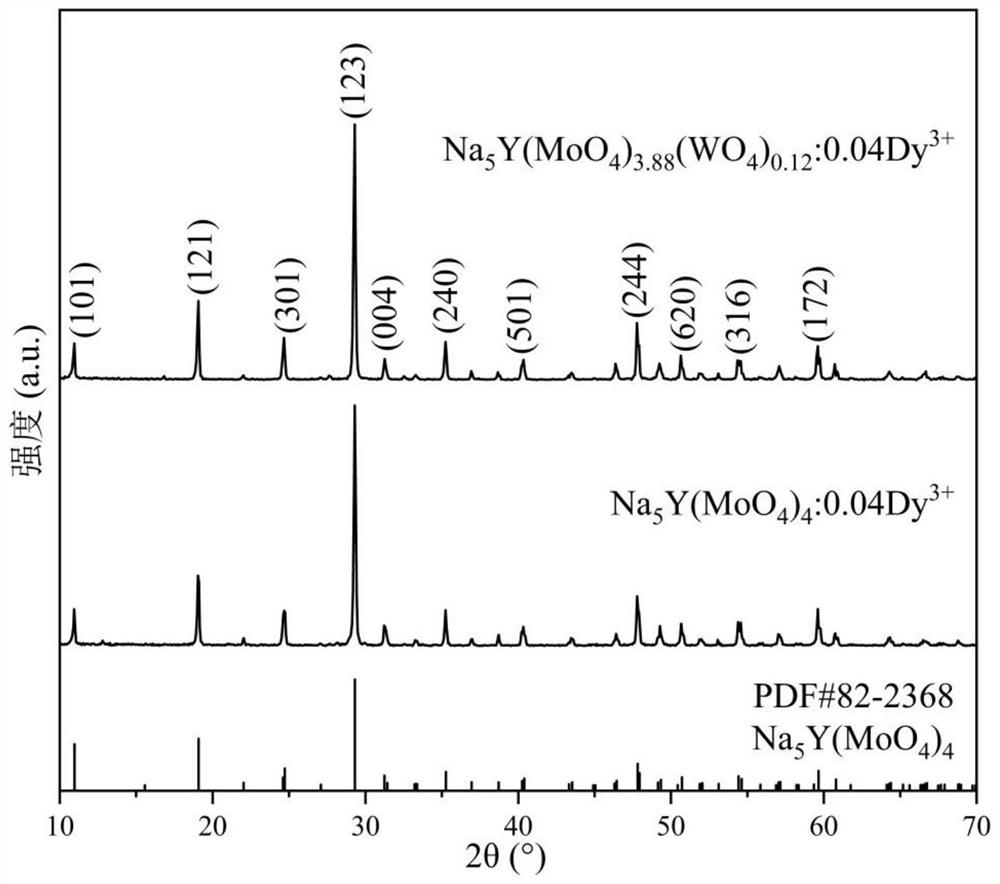 Dy&lt;3+&gt; doped Na5Y(MoO4)4 warm white fluorescent powder and preparation method thereof